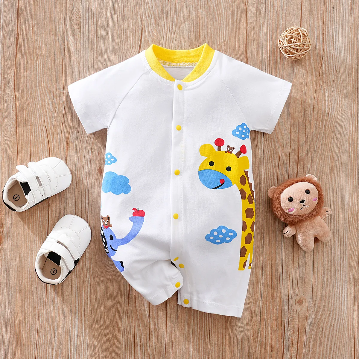

Newborn Clothes Cute Cartoon Animal Print Cotton Comfortable And Soft Boys And Girls Summer 0-18 Short Sleeved Baby Jumpsuit