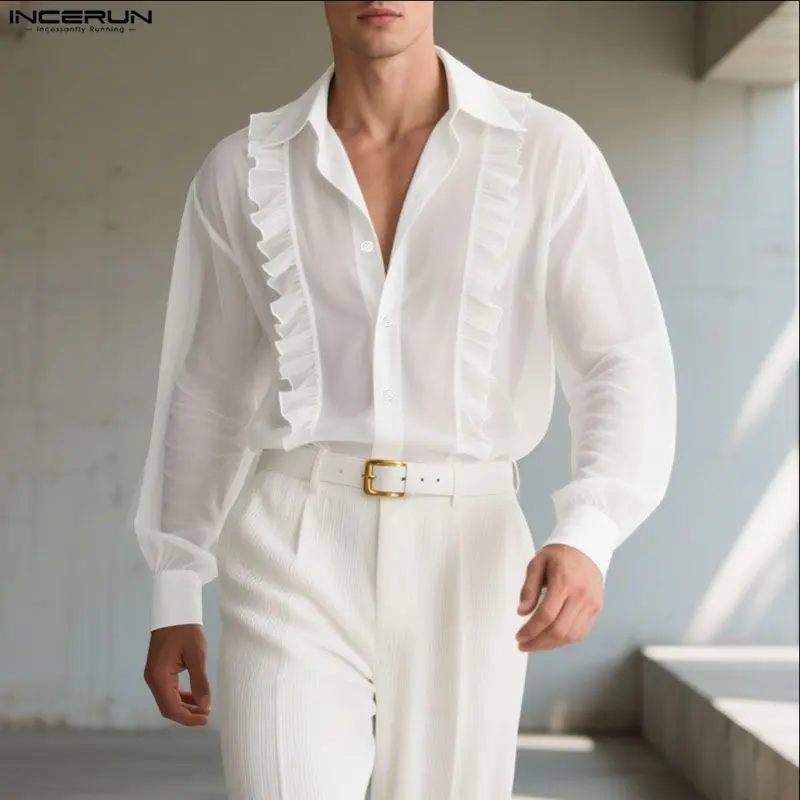 

INCERUN Мужская рубашка сплошной цвет с лацканами и длинными рукавами с рюшами Повседневная мужская одежда из шифона Прозрачные сексуальные свободные модные топы на бретельках