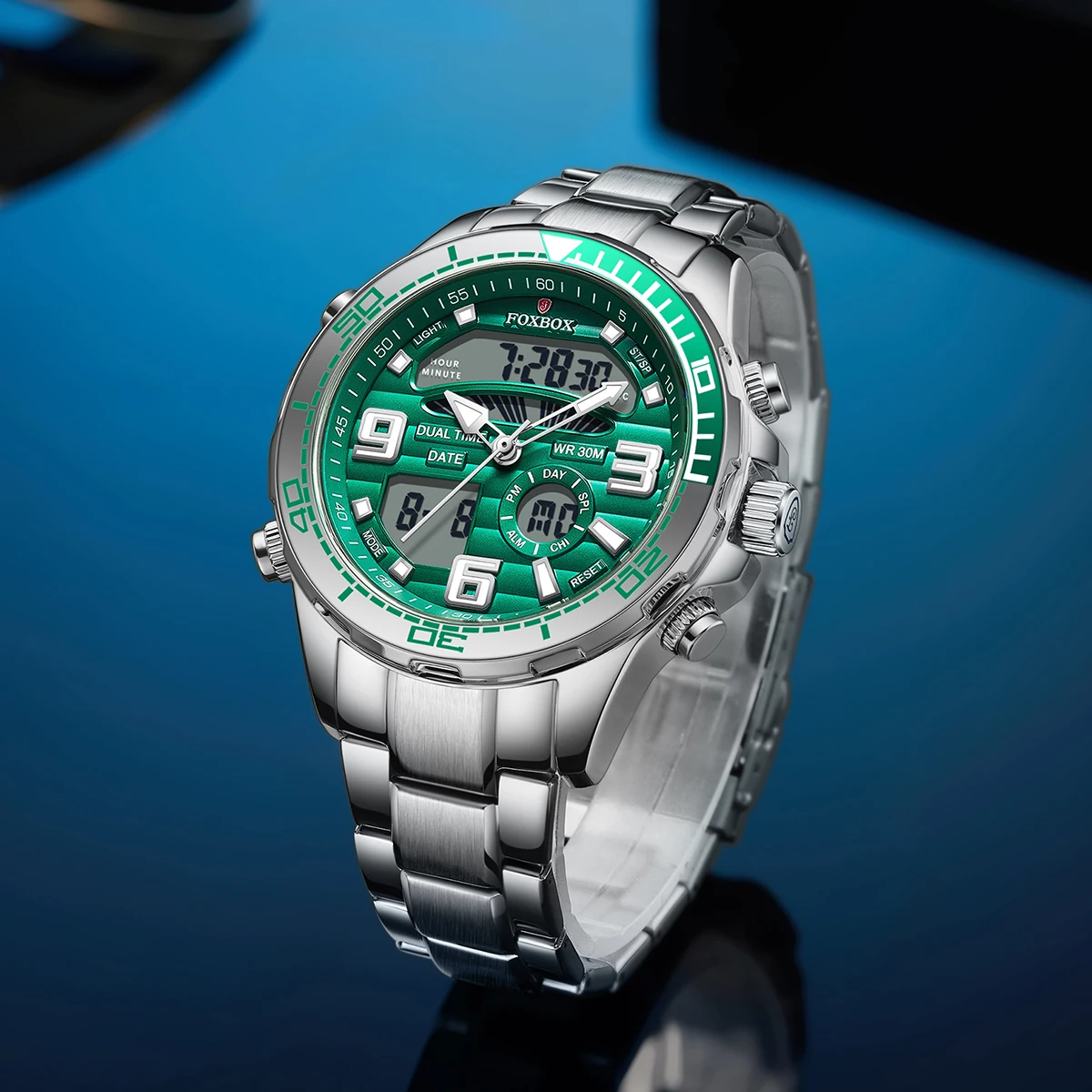 FOXBOX Man Electronic Watch Fashion Luxury Dual Time Display Quartz Men's Watches Alarm Waterproof Luminous Digital Wristwatches