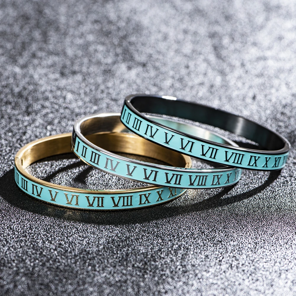 New Design Cuff Bracelet Bangl Enamel Carving Roman Numeral Couple Roman Bangle For Men Women Stainless Steel Jewelry
