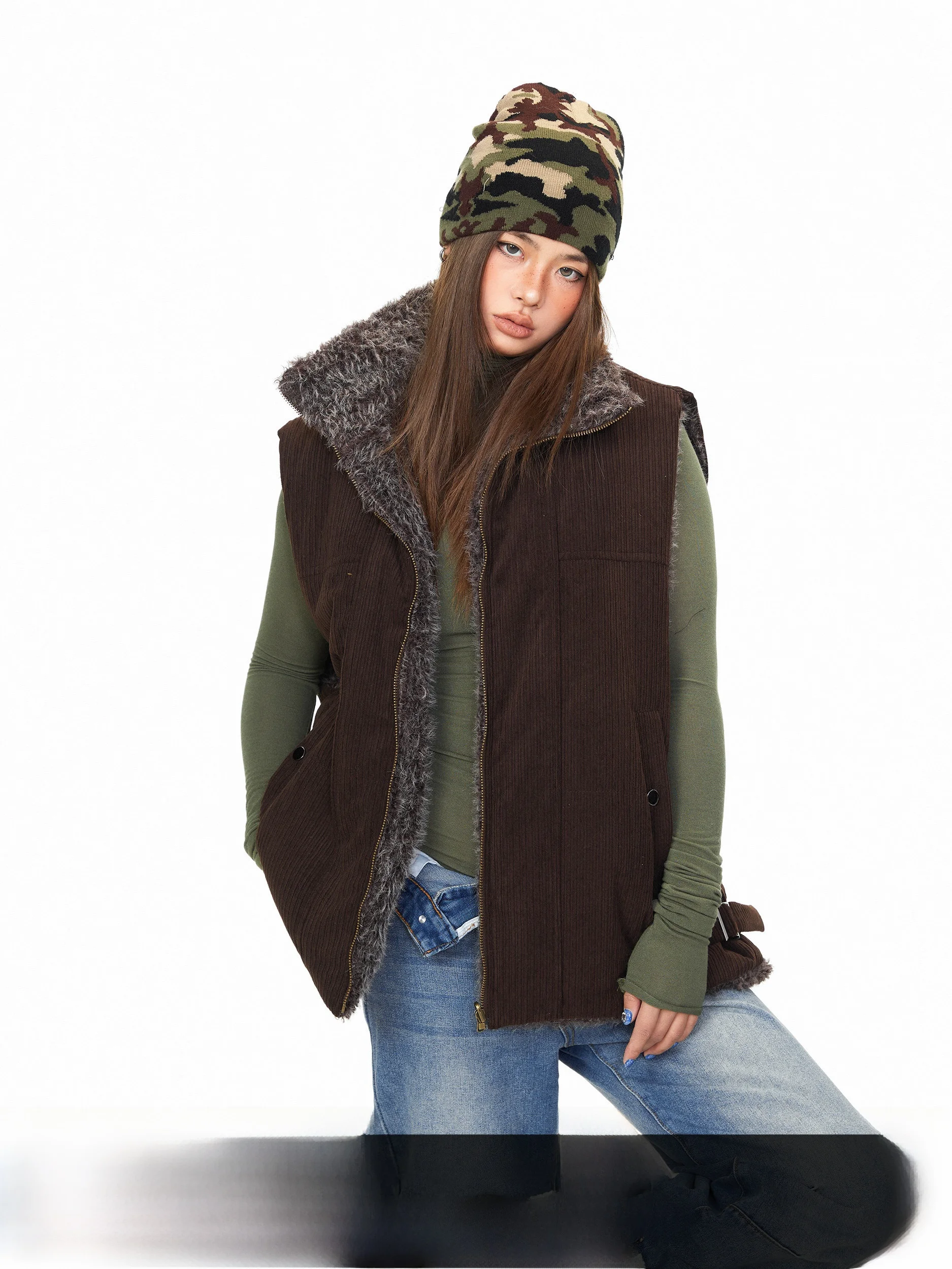 

Blabb Double-Sided Wearable Thiened Warm Cotton Vest American Sle Casual Loose Fit Outerwear Polyester Fiber Zipper Clo...