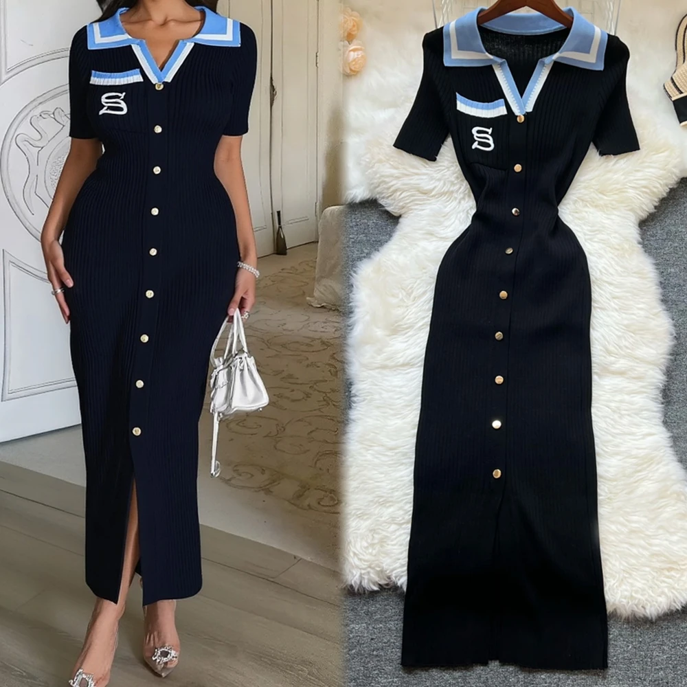 YuooMuoo 2026 Neue Ankunft Frauen Gestrickte Lange Kleid Elegante Stickerei einreiher Split Pullover Kleid Büro Dame Vestidos