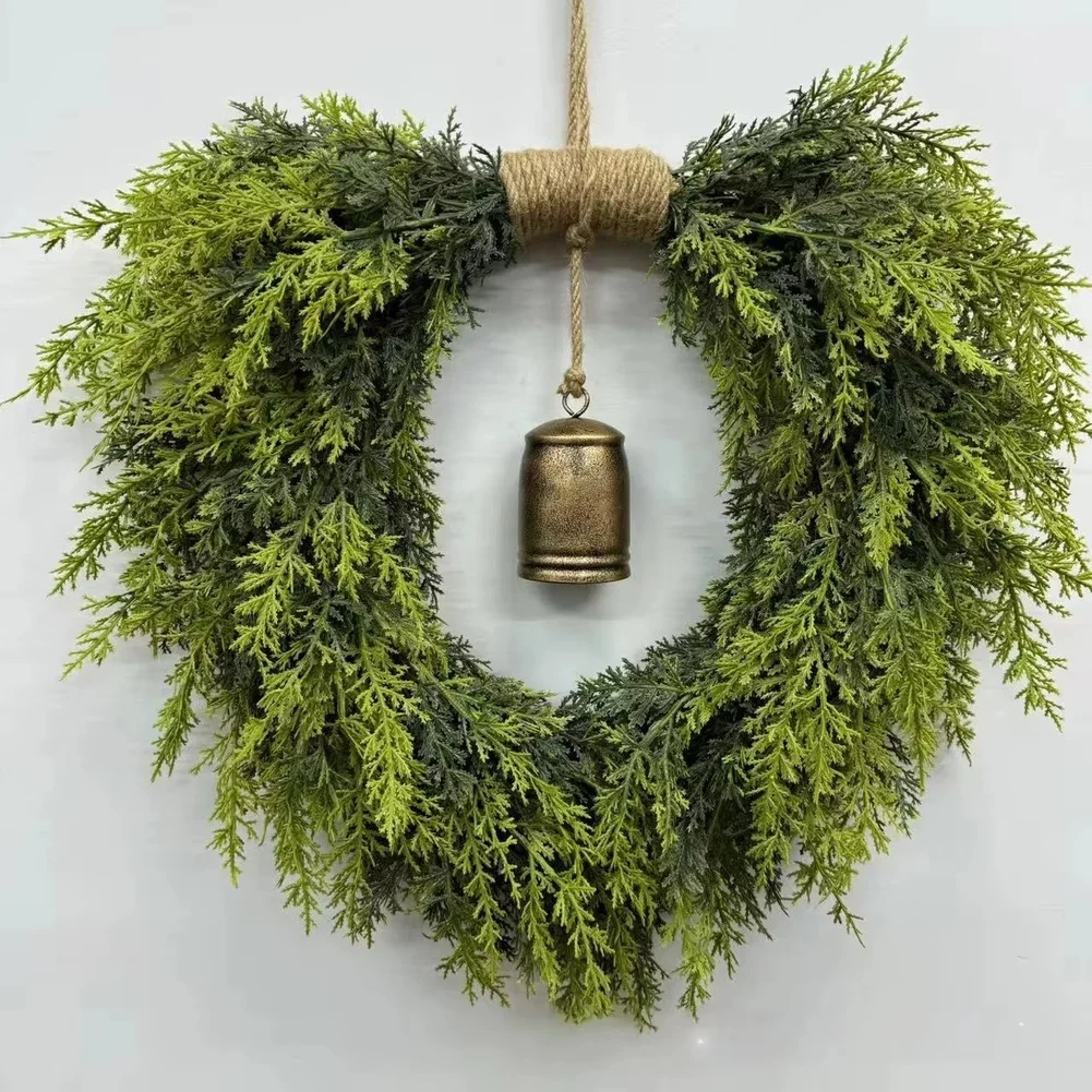 Green Heart Shaped Bell Christmas Wreath Bohemian Artificial Flower Garland For Home Party Door Wall Hanging Festive Decor