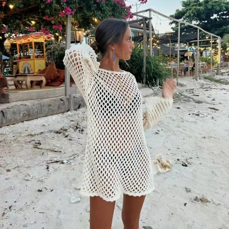 Tunika plażowa damska szydełkowa narzutka na bikini jednolita z długim rękawem dzianinowa sukienka plażowa letnie wakacje stroje kąpielowe dropshipping