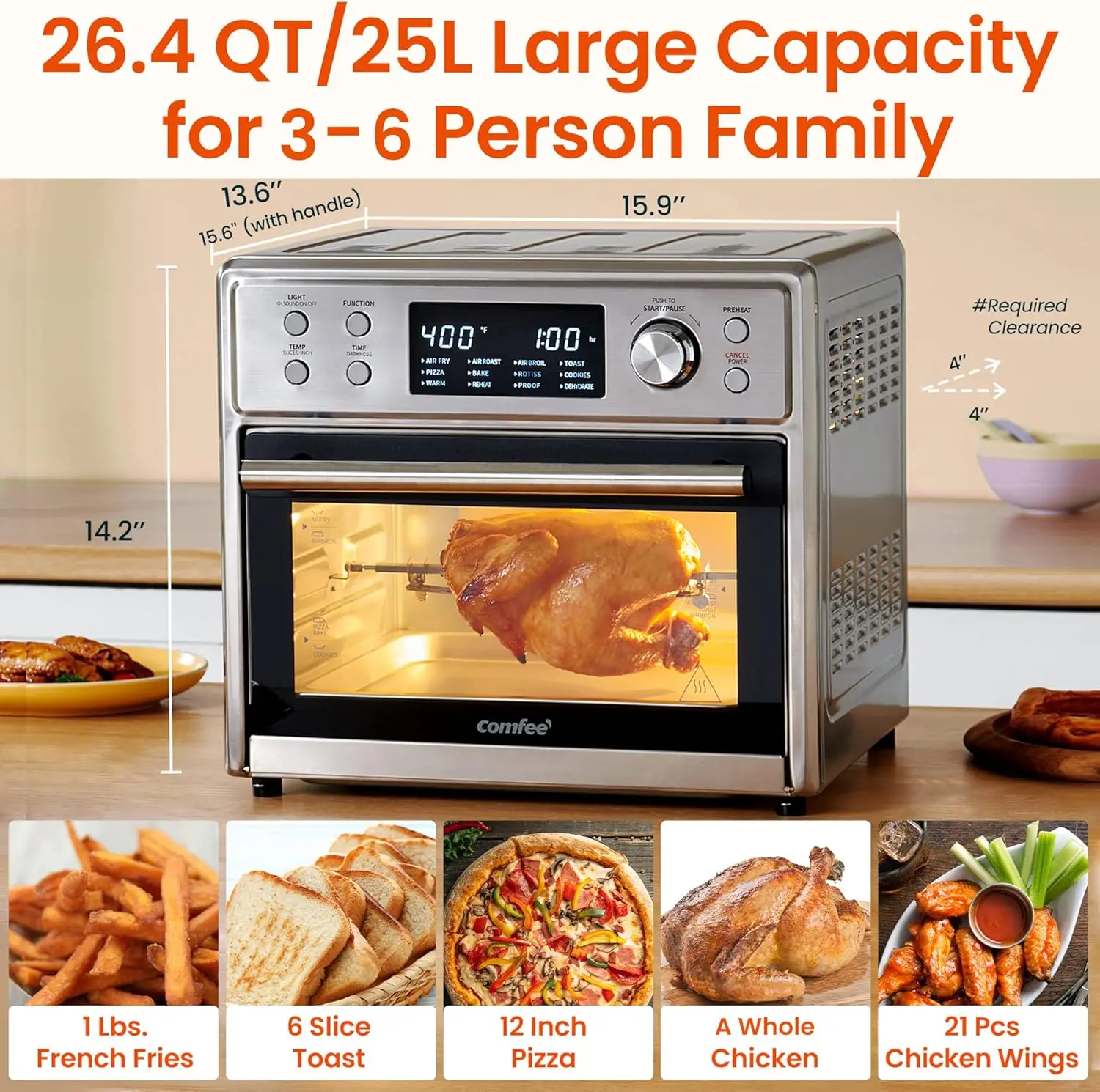 COMFEE' 12-in-1 Toaster Oven Air Fryer Combo with Rotisserie 26.4QT 6 Slice Toast 12' Pizza Double Layer Countertop Convection