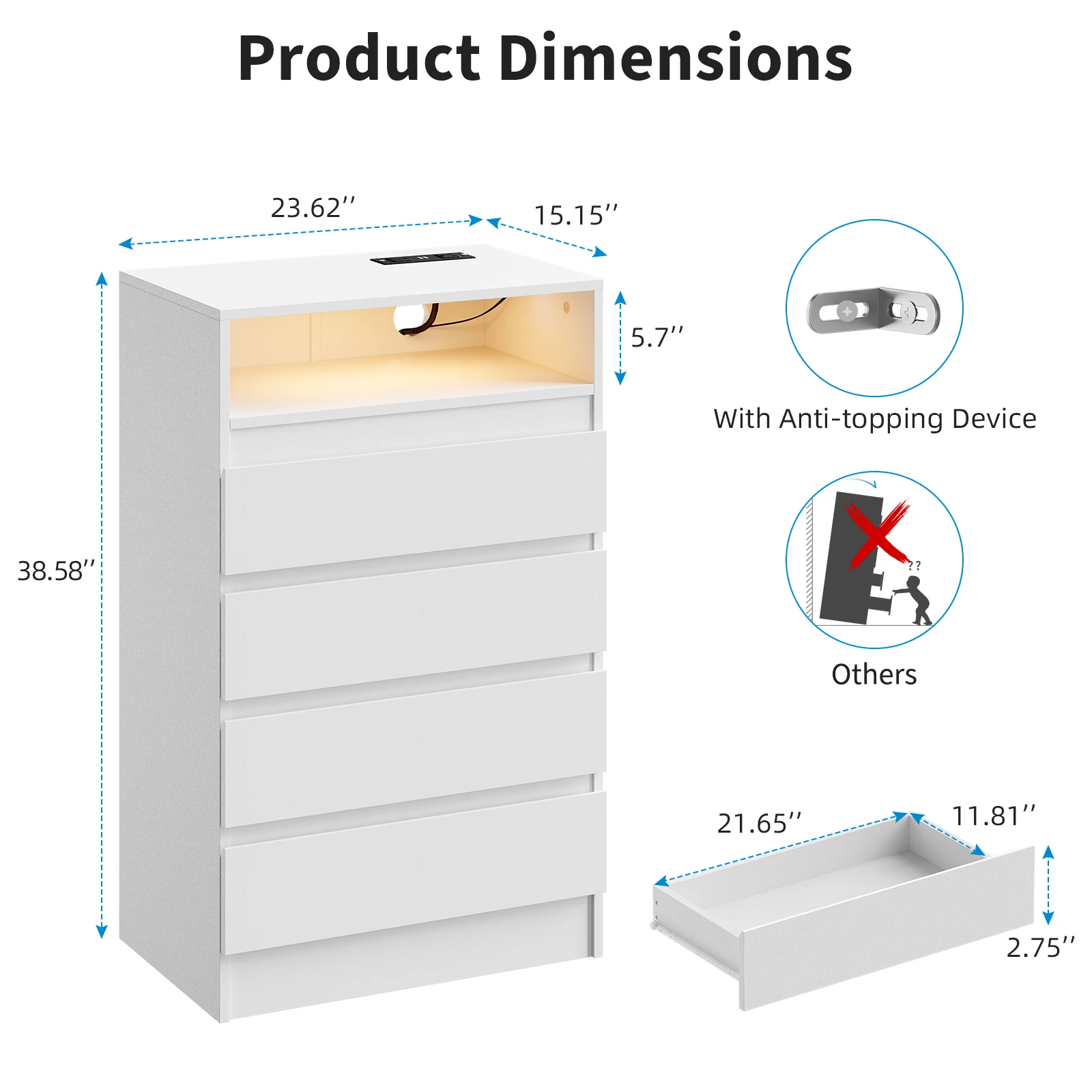 Modern 4 Drawer Dresser with USB Charging Station and LED Lights – Wide Storage Cabinet for Bedroom, Living Room, or Entryway – Power Outlet Included – Chest of Drawers for Clothes Organization