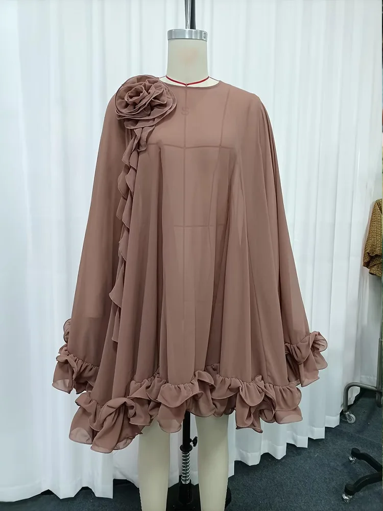 Women Spliced 3D Floral Dresses Ruffles Layered Round Neck Long Sleeve Loose Style Solid Casual Short Dress Female Fashion