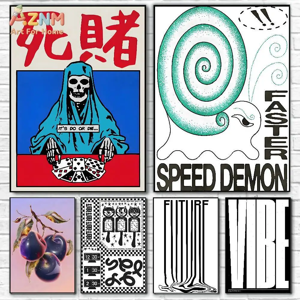 

Настенный холст AZNM с изображением скелета-игрока в стиле японского поп-арта, ретро-постер с типографским принтом «Speed Demon VIBE FUTURE», яркий принт в шахматную клетку
