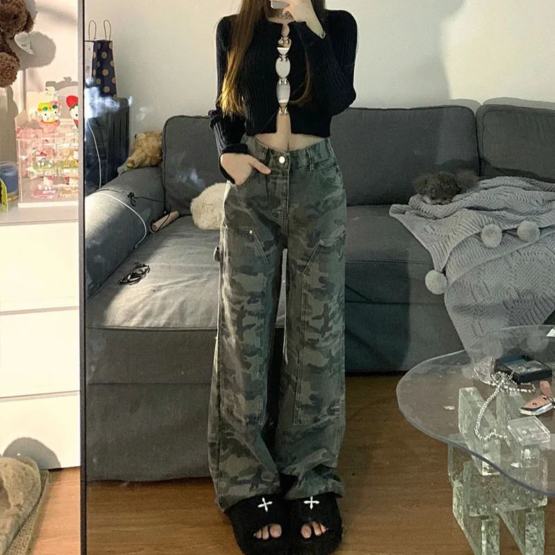 Calça jeans casual para trabalho feminino, calça verde de rua alta, cintura alta, perna reta