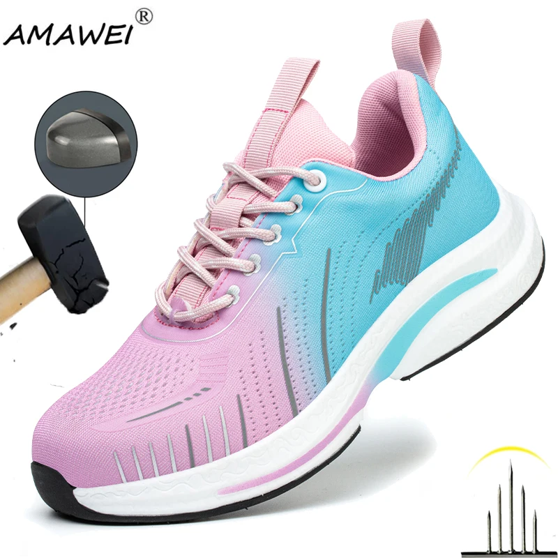 

New Fashion Women Safety Shoes For Work Boots Breathable Steel Toe Puncture Proof Sport Work Sneakers Anti-slip Security Boots