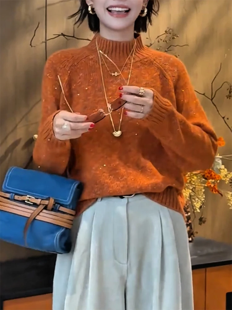 

Korean Sle High Collar Fuzzy iny Sequin Sweater Large Size Versatile Slimming Top for Autumn Winter Comfortable Warmth