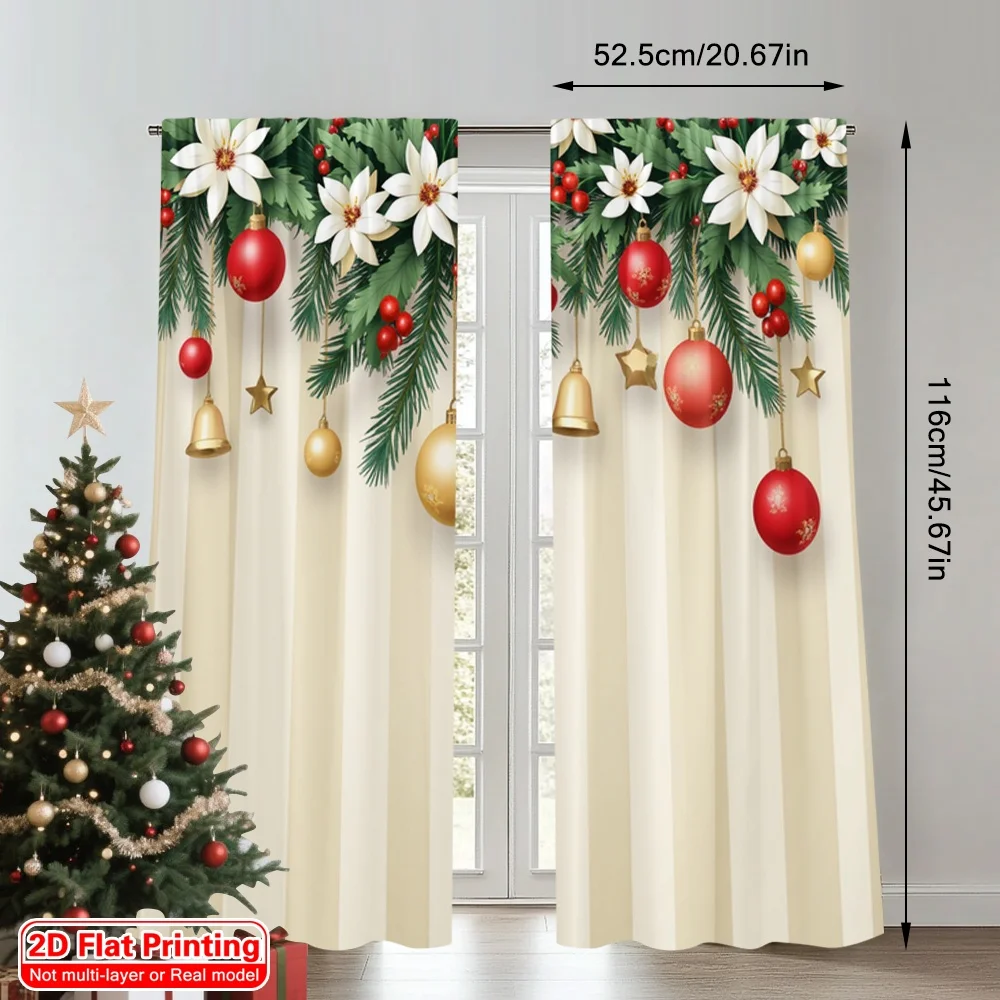 2pcs 2D flat printing Merry Christmas Curtain Christmas Ornaments Poinsettia Garland Polyester Without Electricity Festive