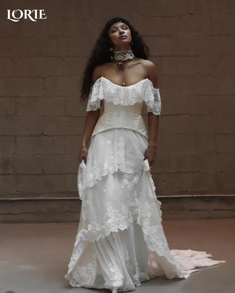 LORIE Off Shoulder Boho Wedding Dress Pleats Lace A-Line Sweetheart Ruffle Beach Bride Gown Customized Plus Size Bride Dress 202