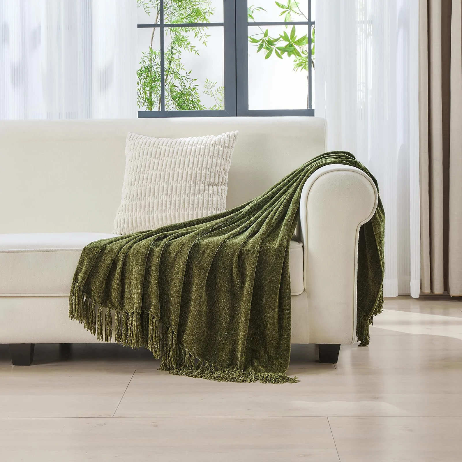 Chenille Throw Blanket Olive Green Tassel Fringe Decorative Blanket, Soft Polyester Lightweight Couch Sofa Bed Cover, All‑Season