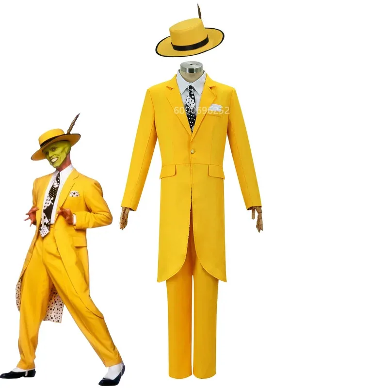 

2024 Halloween The Mask Jim Carrey Yellow Suit and Mask Cosplay Costume Male Role Play Outfit New Halloween Party Costume