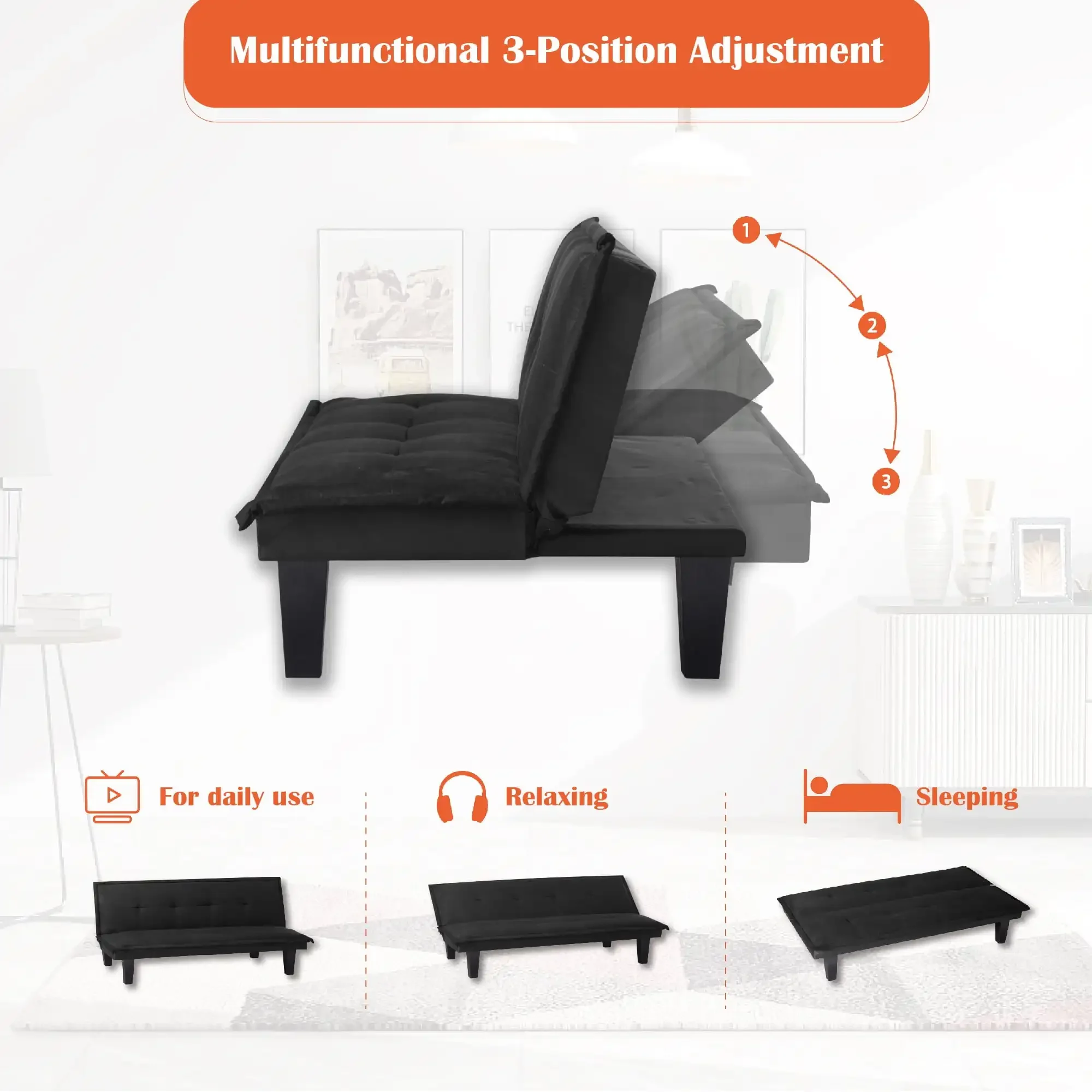 63.8 "Armless Tufted Convertible Sleeper Futon โซฟา,โมเดิร์น Futon โซฟาเบดสําหรับห้องนั่งเล่น,เกสต์โมเดิร์น,โดรม (สีดํา)