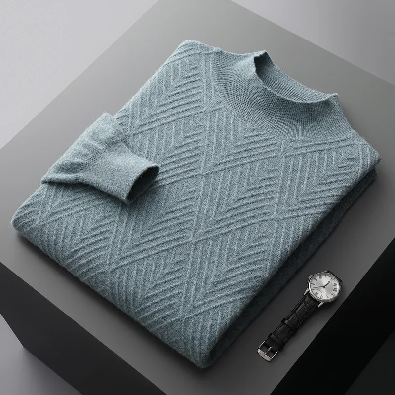 100%Pure Wool Cashmere Sweater Men's Loose Half Turtleneck Jacquard Pullovers Autumn Winter Youth Top High-End Knit Shirt