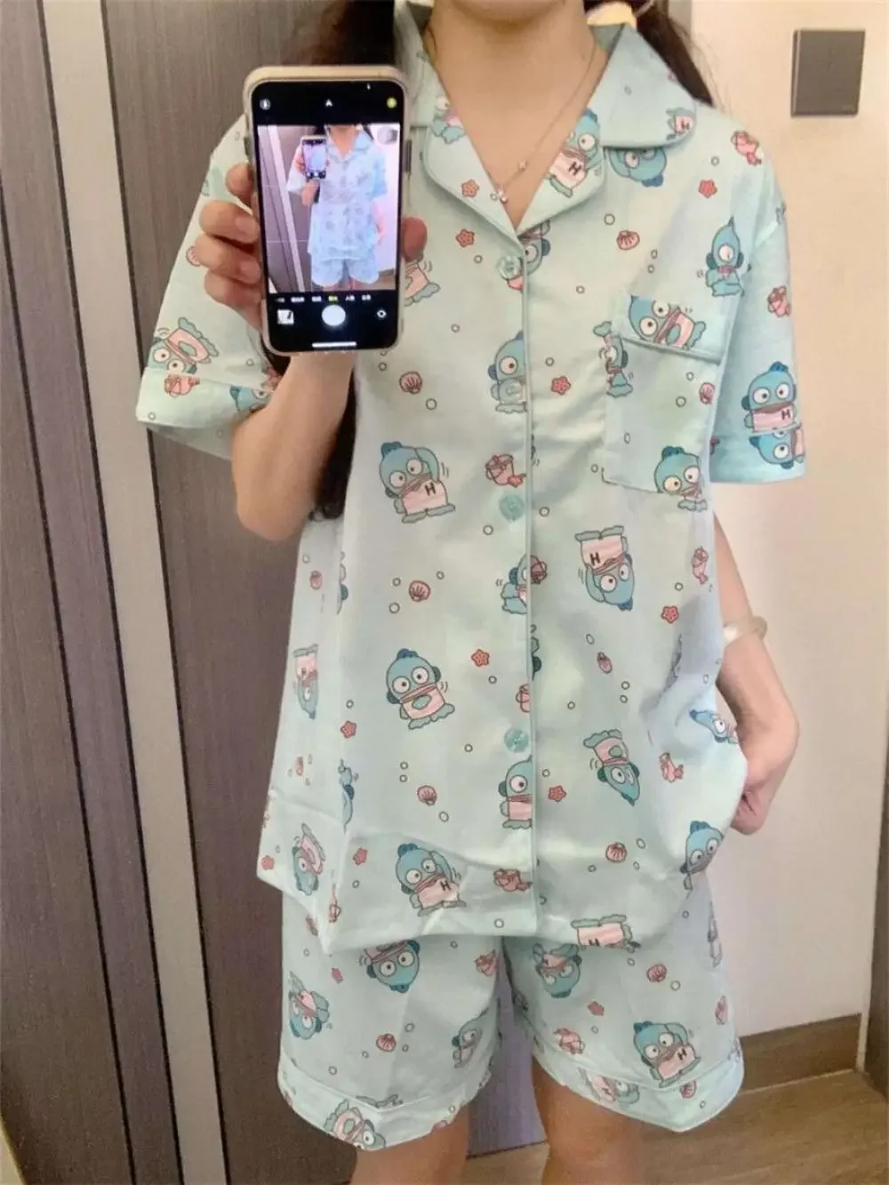 

Kawaii Hangyodon Girls Pajamas Suit Sanrios Cartoon Summer Short Sleeve Tops Shorts Cute Sweet Student Girls Loose Homewear