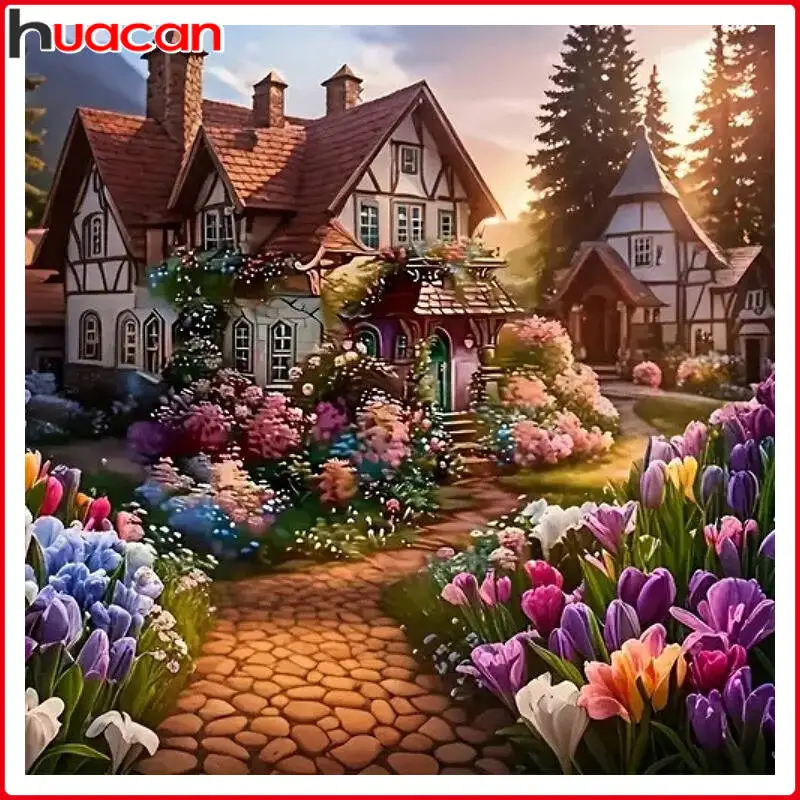 HUACAN 5D DIY Diamond Painting Garden House Flower Landscape New Collection Home Decorative Rhinestone Pictures