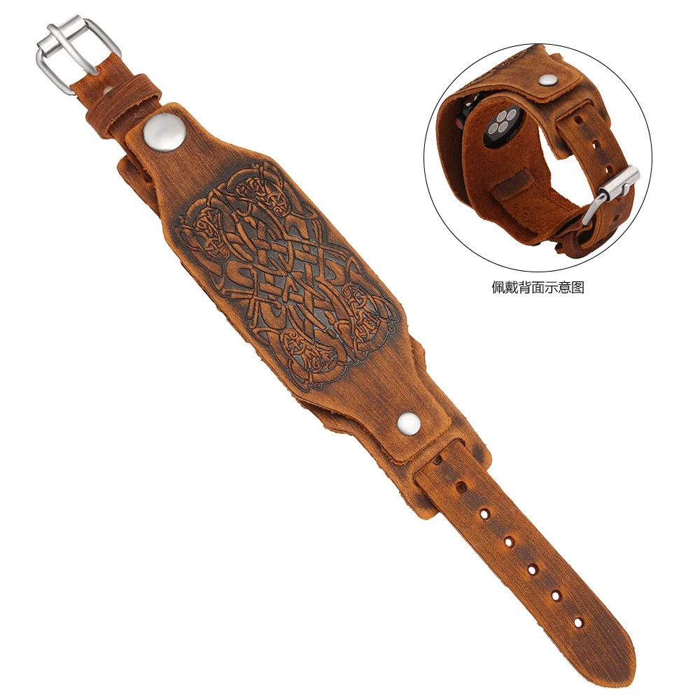 Punk Pattern Wristband For Apple Watch Band 40mm 41mm 44mm 45mm 49mm Real Leather Bracelet iWatch Strap Series 4 5 6 7 8 Ultra