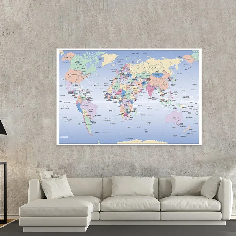 Map Of The World In French 150*100 cm Poster  Non-woven Canvas Painting School Supplies Living Room Home Decoration