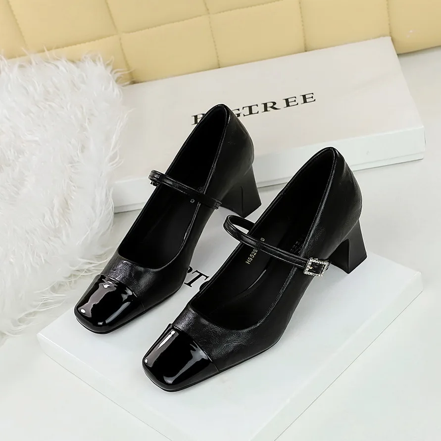 

Women Pumps Shoes Wind Heel Shallow Mouth Splicing Square Head Water Diamond Buckle Strap Spring And Autumn Women's Shoe Single