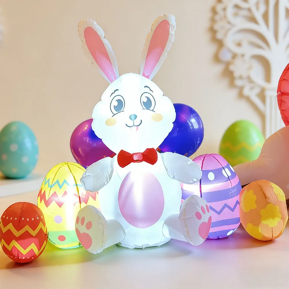 1 inflatable Easter bunny with four colorful eggs, perfect for festive parties, outdoor lawns, and gardens.