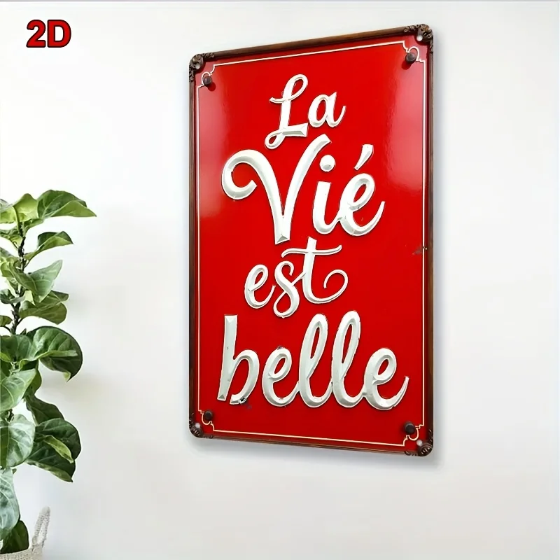 [Vintage Metal Wall Art]  Red & White Vintage French Metal Wall Art Sign 