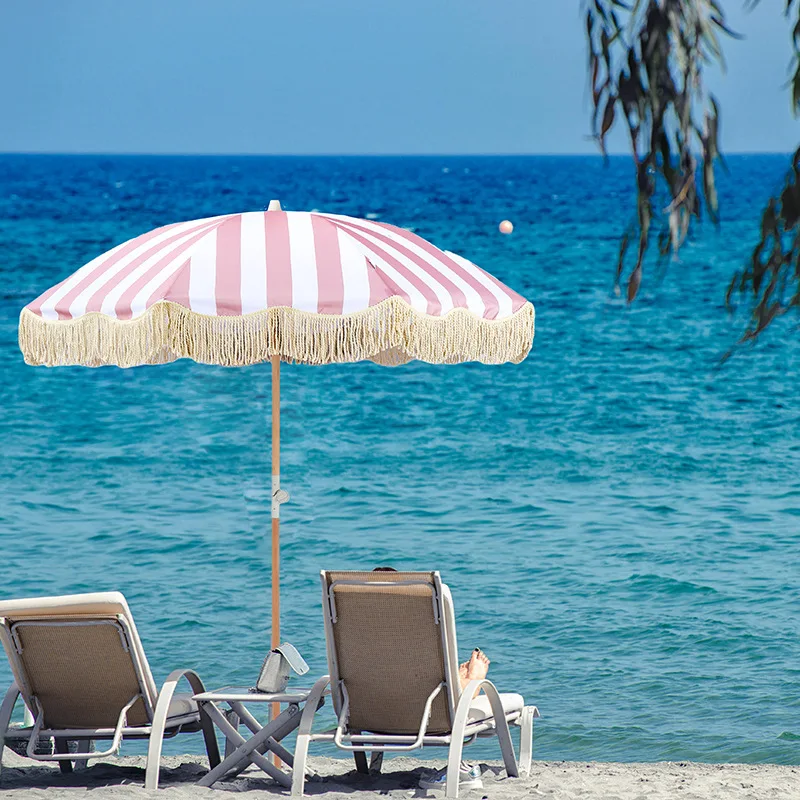 & Tassel-edge Garden Courtyard Sun Umbrella, Rotatable Beach Umbrella, Villa Swimming Pool Terrace Sunshade Umbrella
