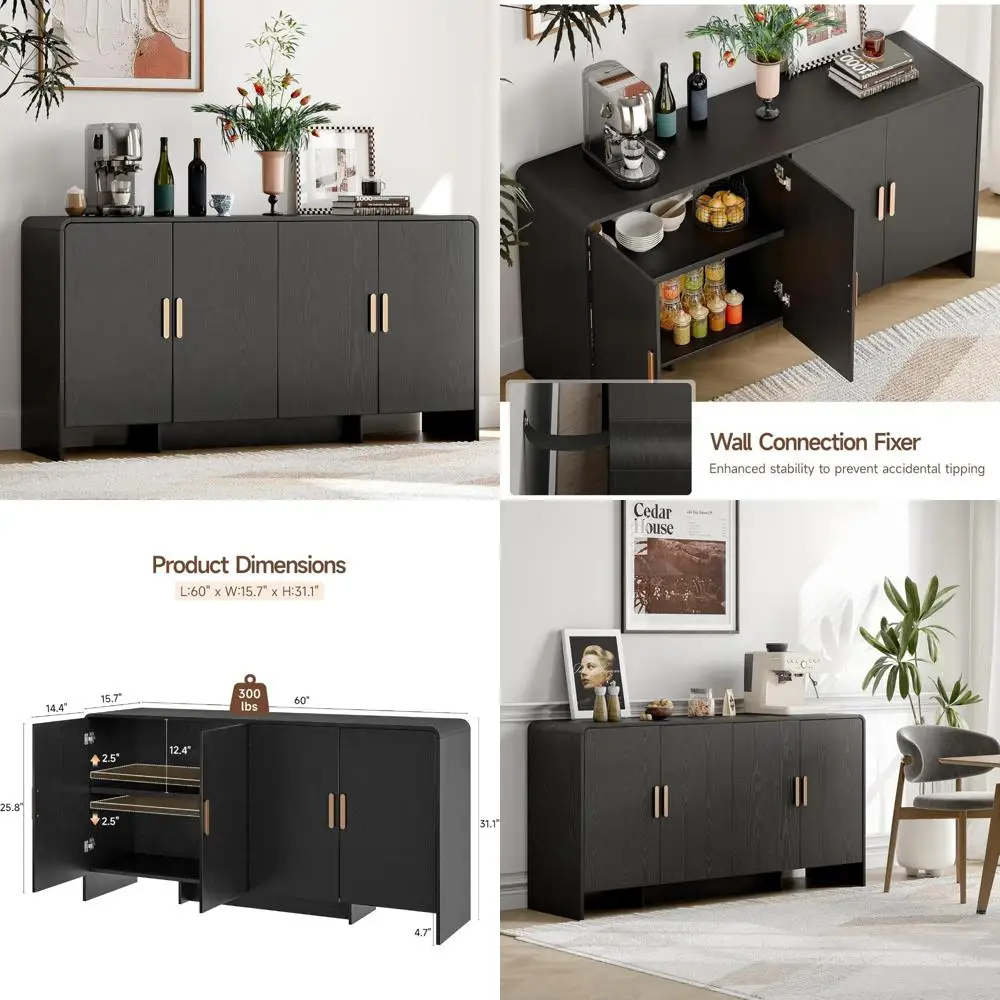 Farmhouse Style Curved Sideboard Buffet Cabinet with 4 Doors, Adjustable Shelves for Living Room, Storage Coffee Bar Cabinet