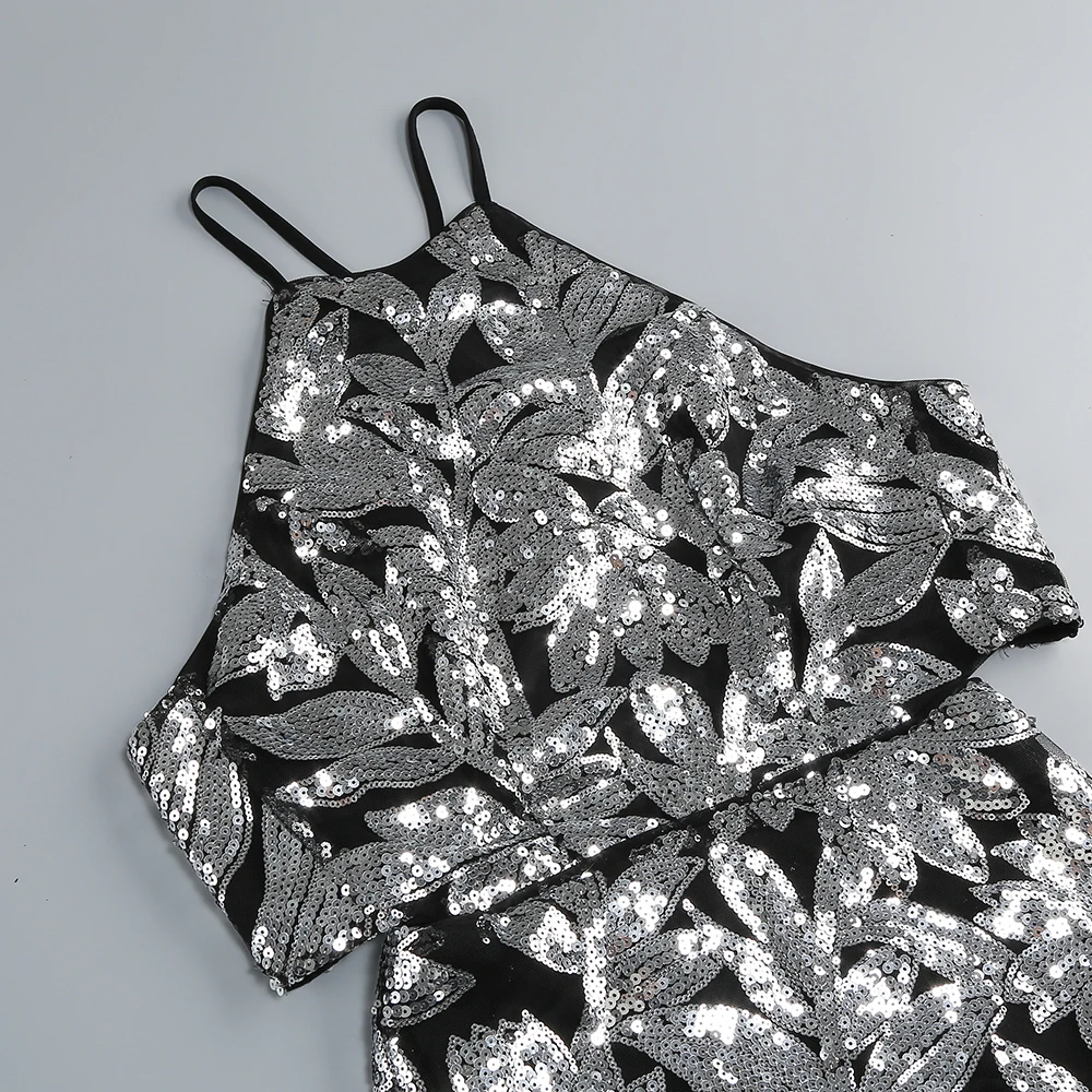 Elegancka czarno-srebrna sukienka letnia z cekinami, kwiatowym wzorem, wycięciami po bokach, ażurowa, długa sukienka na formalne okazje, Vestidos