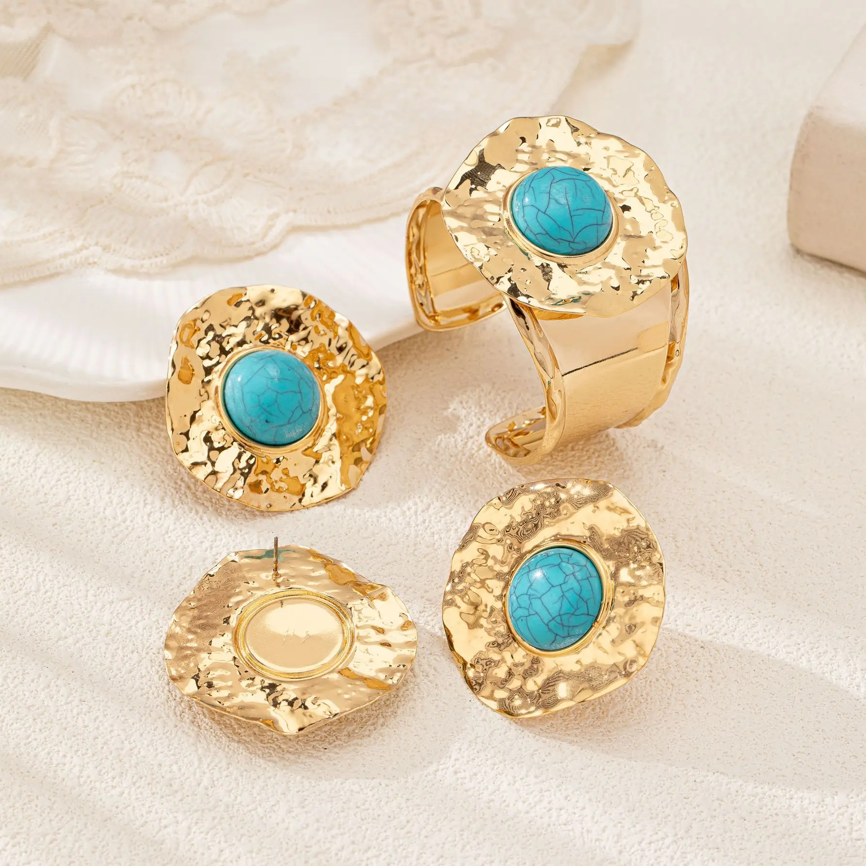 Jewelry Set for Women Retro Bohemian Turquoise Beaded Bangles Earring Ring Fashion Open Cuff Bracelets Vintage Female Gift