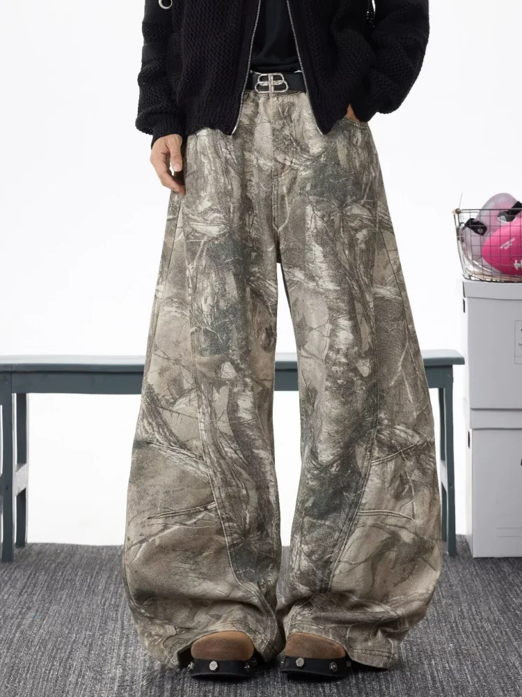 2025 American Retro Y2K Style Branch Pattern Baggy Jeans Pants For Men Clothing Wide Leg Vintage Long Trousers Pantalon Hombre
