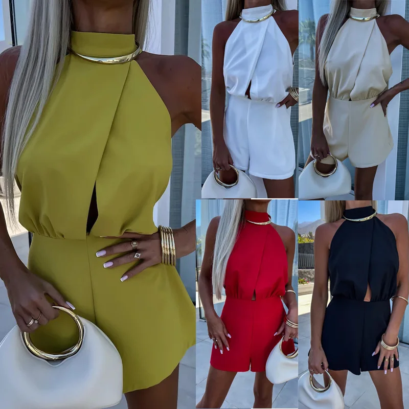 

Women's Semi High Neck Sleeveless Solid Color Sleeveless Jumpsuit Summer Style High Waist Straight Tube Jumpsuit 2025 Summer