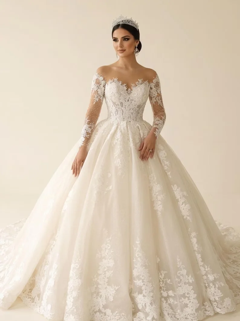Illusion Off The Shoulder Long Sleeve Lace Wedding Dress Dot Tulle Ball Gown V Back Button Cathedral Train Bridal Gown Customize