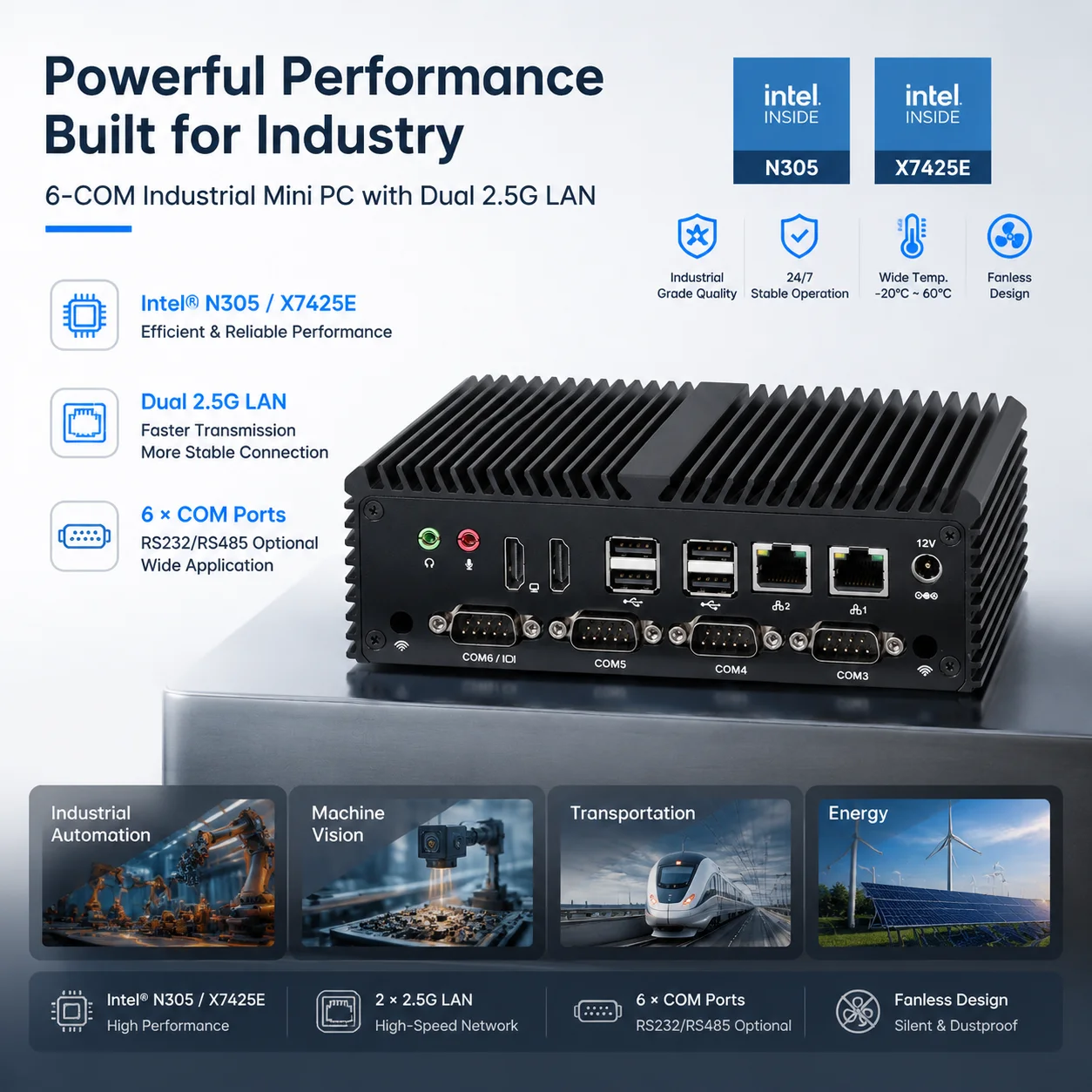 Qotom N305 X7425E Industrial Mini PC 6 COM Serial Port RS232 RS485 Fanless Embedded Barebone Rugged Desktop Computer