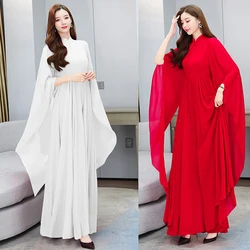 2024 White Chiffon Long Sleeve Large Skirt Dress Women Boho Casual Beach Maxi Sundress Spring Autumn Bodycon Party Night Vestido