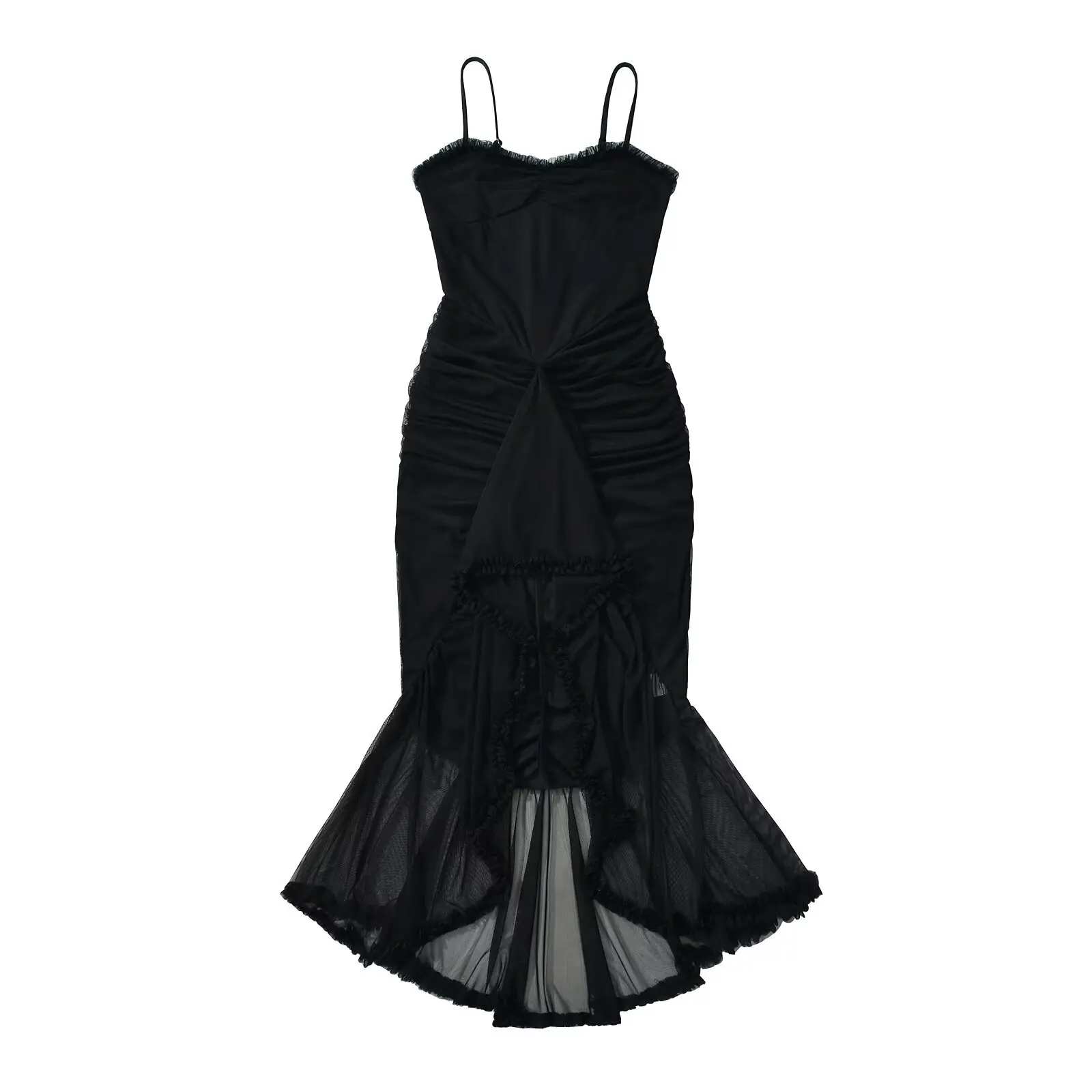 2025 เซ็กซี่ไม้หู V คอตาข่ายชุดสลิงผู้หญิง Ruched Slim เอวสะโพก Ruffles ไม่สม่ําเสมอ Dovetail Dresses Party Robe