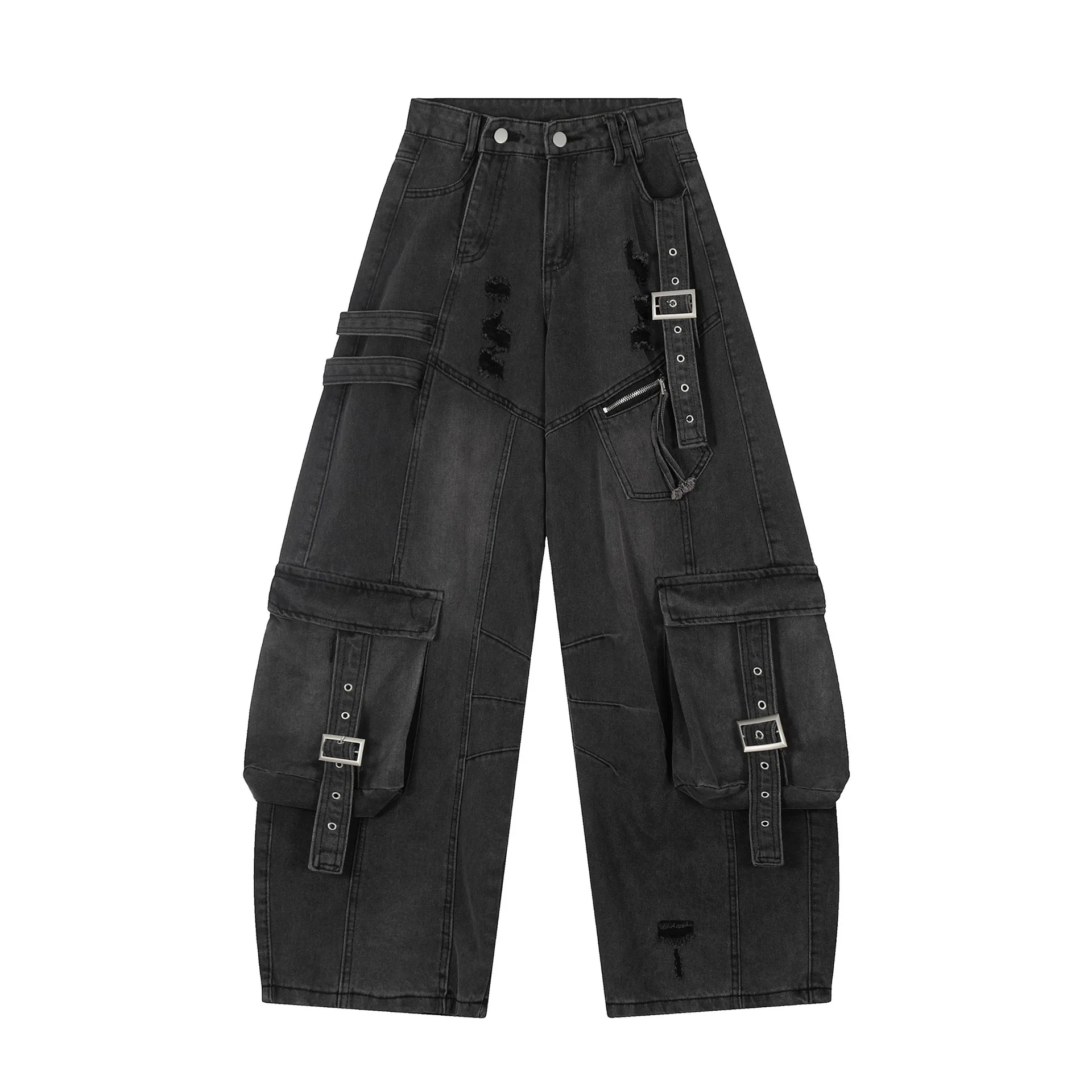 Pantalones vaqueros Cargo de otoño 2025 para mujer, pantalones vaqueros de pierna ancha desgastados con múltiples bolsillos, ropa de calle, pantalones vaqueros de pierna ancha