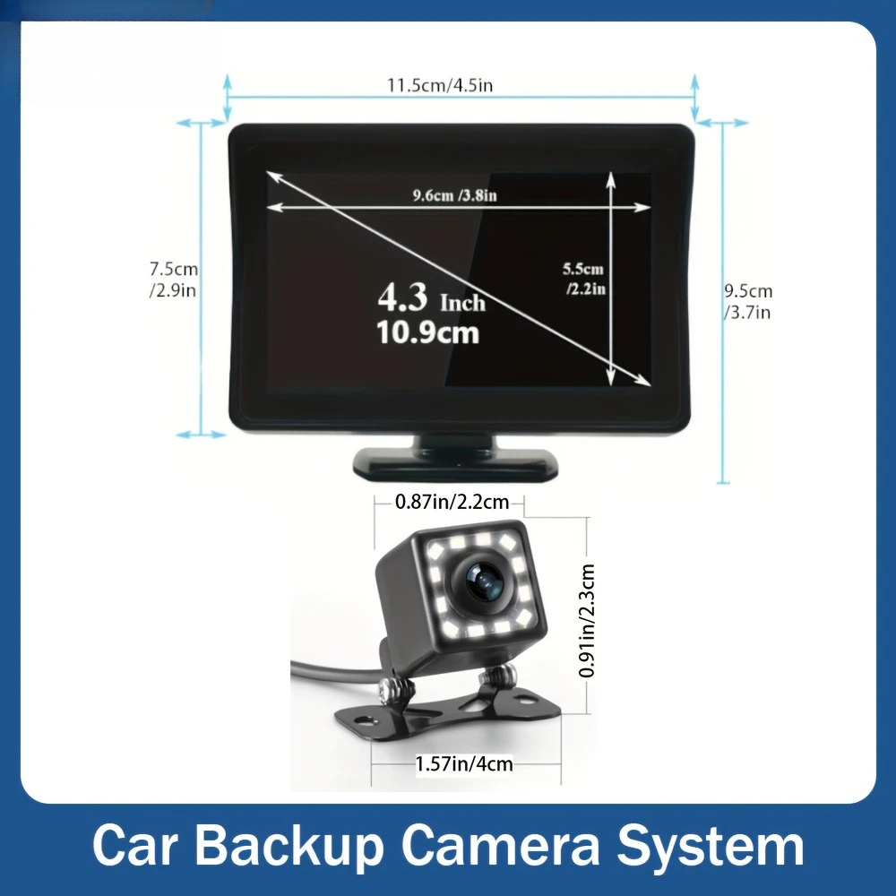 4.3-inch display kit and backup camera with 12 LED lights. This kit provides a night vision parking system