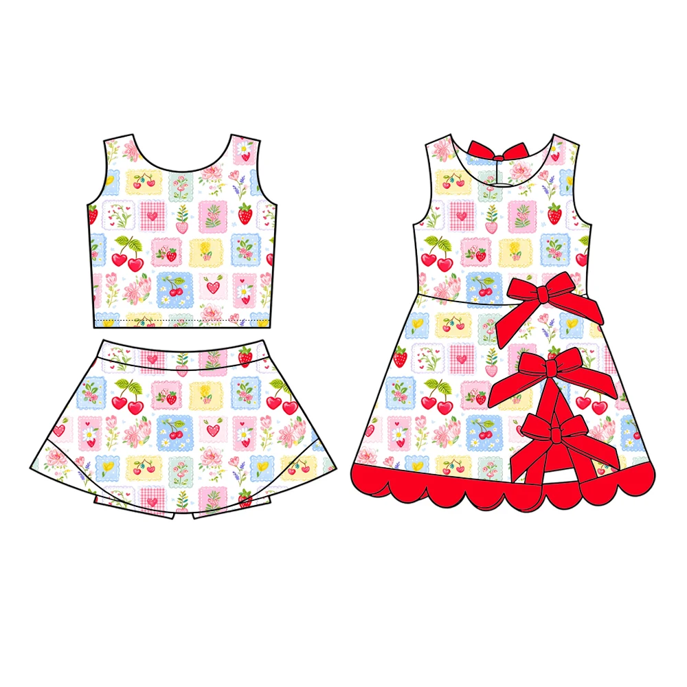 Boutique kids sets Sister 2-piece set Dress with Bow decoration and girls' suit fruit beach print matching set and dress custom