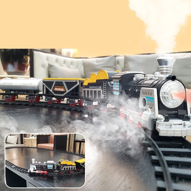 Retro Steam Train Track  Simulation Rail Car Electric Spray With LED Lights Model Train Track Set Kids Toy