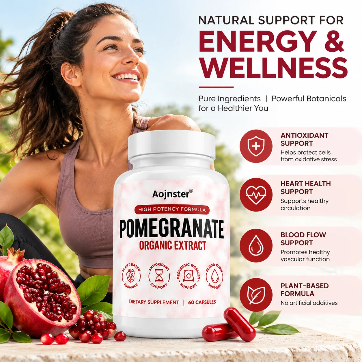 Pomegranate Organic Extract Capsules, High Potency Plant Based Formula,Support for Daily Wellness & Blood Flow Nutrition Support