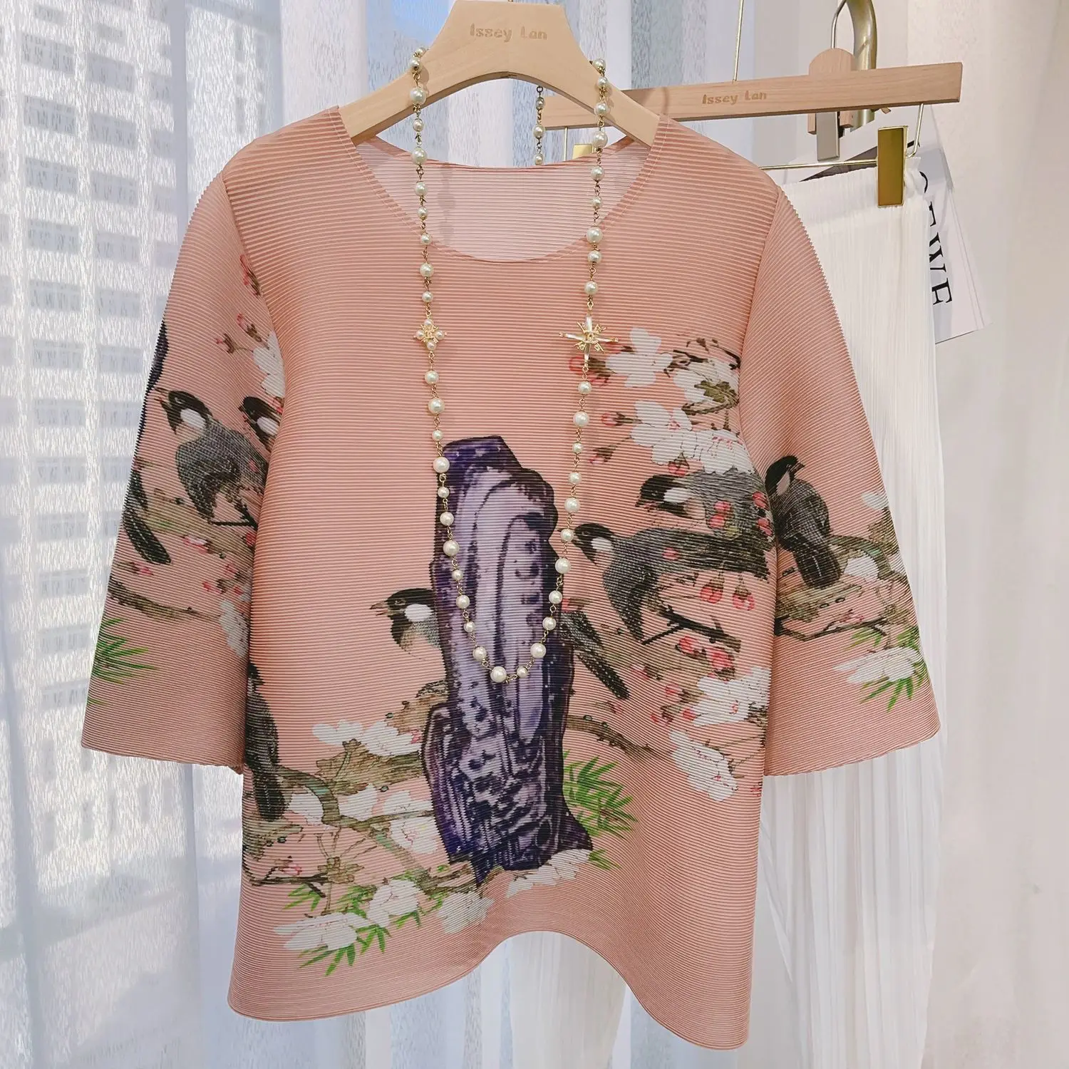 

High end fashion 2024 pleated printed medium sleeved loose oversized round neck shirt harajuku stranger things