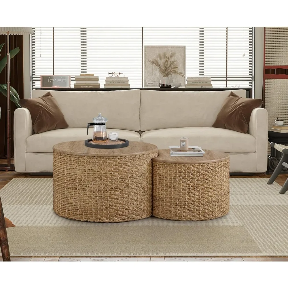 

Nesting Coffee Table Set of 2 Coastal Coffee Table with Storage Woven Coffee Table with Soild Wood Cover