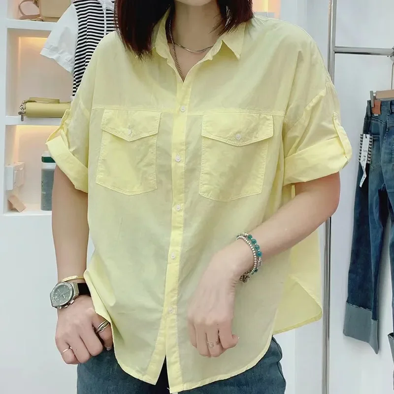 

Women's Cotton Short Sleeve Shirt - Double Pocket Turn Down Collar Loose Fit Casual Blouse