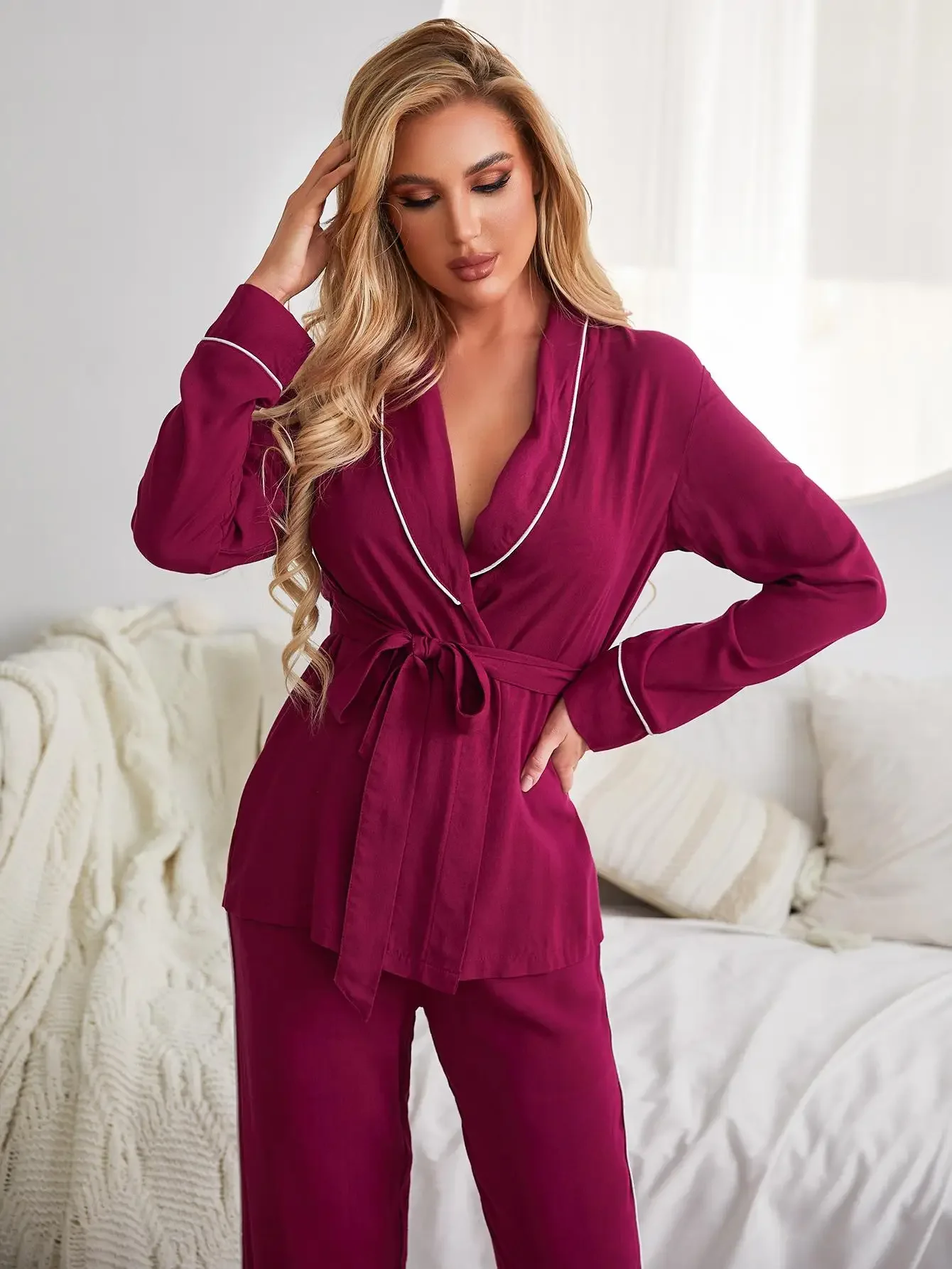 Solid Women Pajama Set Wrap V Neck Long Sleeves Waist Belt Top & Long Pants Sleepwear 2 Pieces Female Nightwear Homwear Cloth