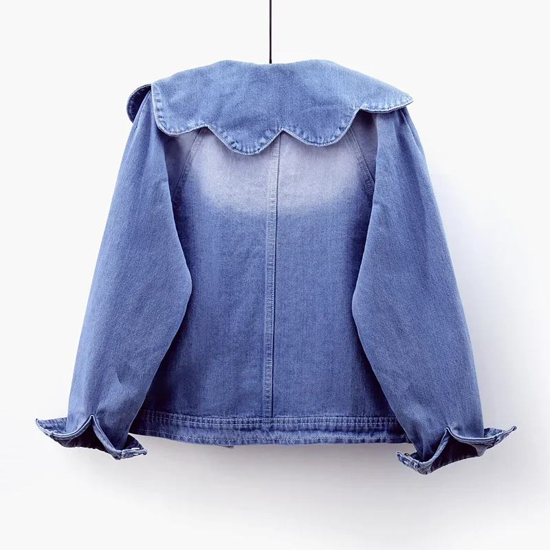 

Fashion Embroidery Peter Pan Collar Big Pocket Denim Jacket Women Loose Short Cowboy Outwear Chaquetas Mujer Jeans Jacket Female