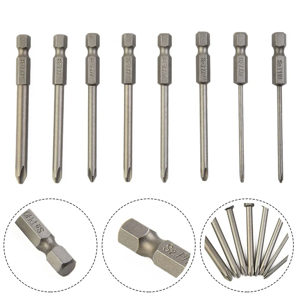 8Pcs 75mm Long Magnetic 1/4 Inch Hex Cross Head Screwdriver Bits/Electric Screwdriver Head Set-PH0 PH1 PH2 Driver Bit Hand Tool