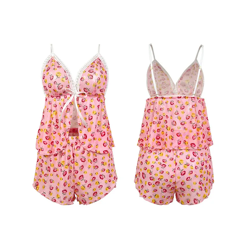 인터넷 셀럽 스타일 섹시 란제리 로즈 플로럴 탑 숏츠 투피스 세트 핑크 메쉬 레이스 브이넥 플레이풀 세트